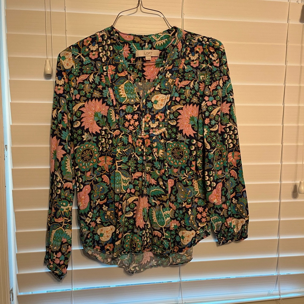 LOFT Vibrant Floral Top with Pink and Green
